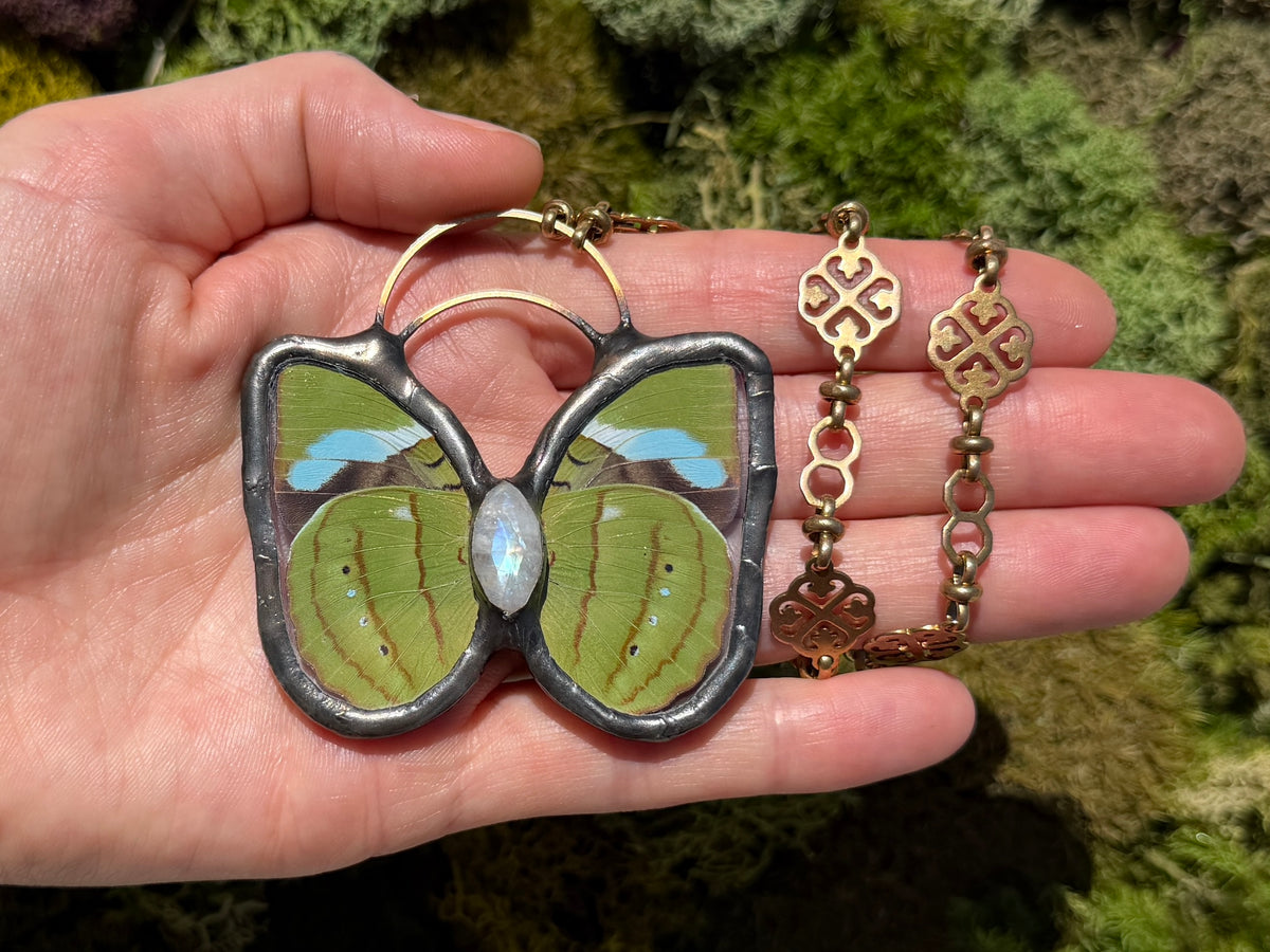 A hand holding a butterfly-shaped pendant necklace with green and blue inlay details and a brass chain and moonstone against a mossy green background.